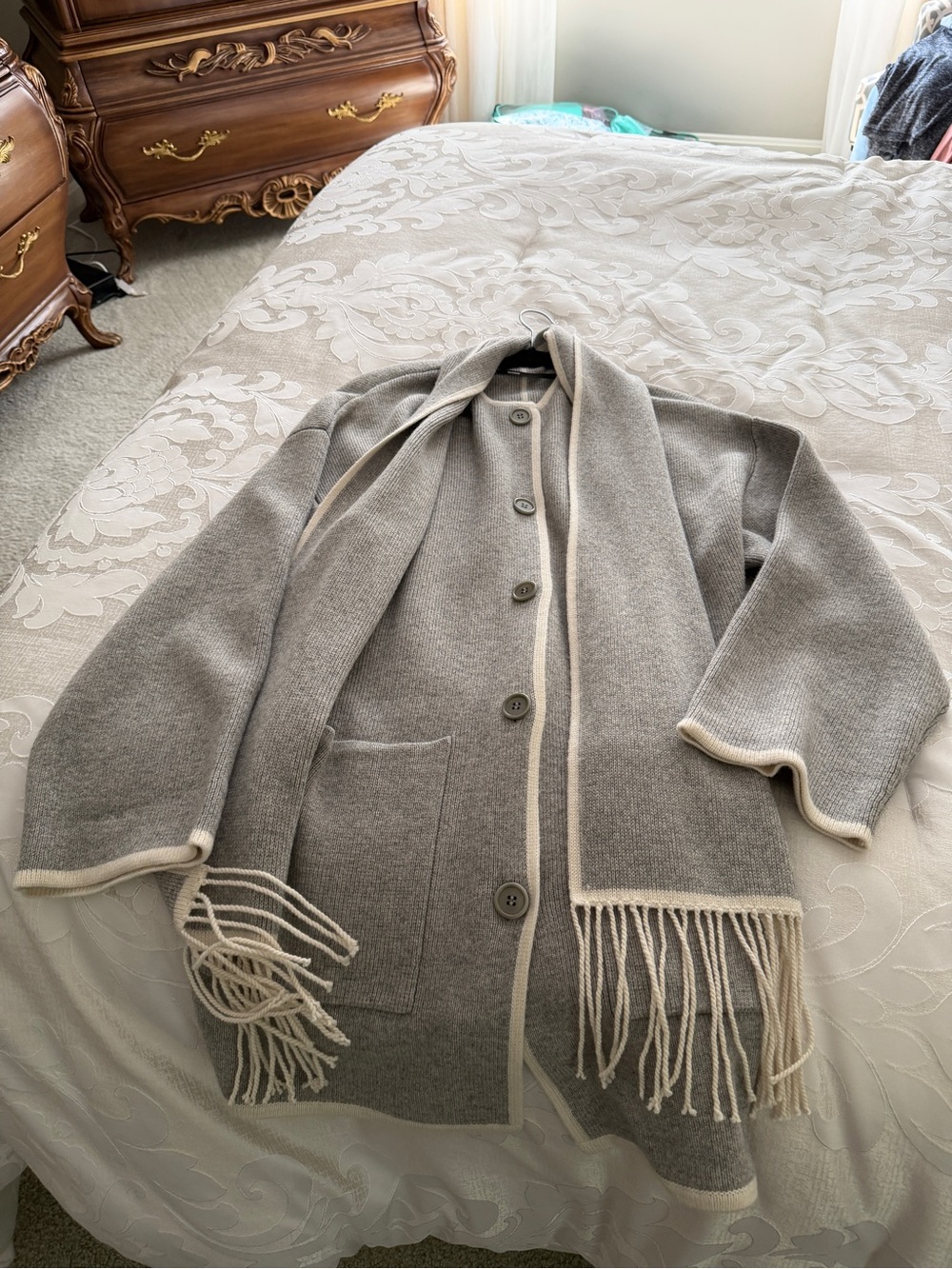 NAADAM Gray Wool and Cashmere Button-Front Coatigan with Cream Trim and Fringe